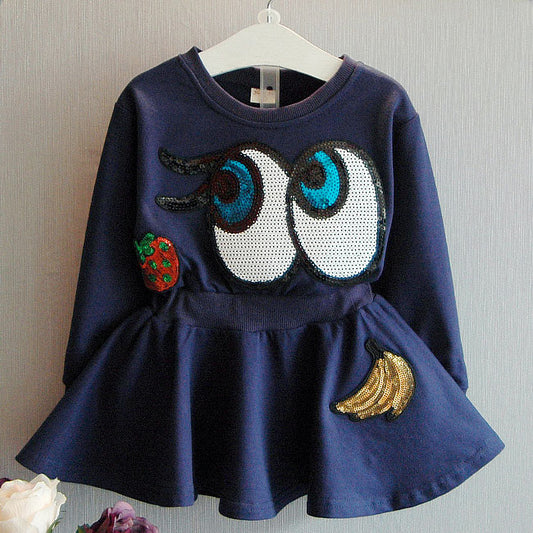 Girl Dress Dark Blue Eyes Sequins Long Sleeved Sweater