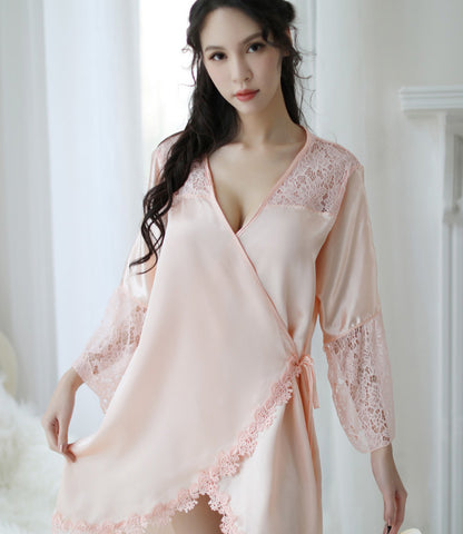 Lingerie Robe Lace Shoulder and Sleeve Tip Flower Trim Lower ZU2044