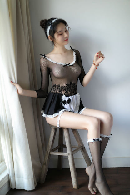 Lingerie Costume Maid Bodystocking Dual Tones Sleeves Skirt ZU6066