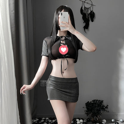 Lingerie Costume Secretary Two Pieces Stripes Strings Chest Open Back ZU6965