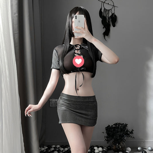 Lingerie Costume Secretary Two Pieces Stripes Strings Chest Open Back ZU6965