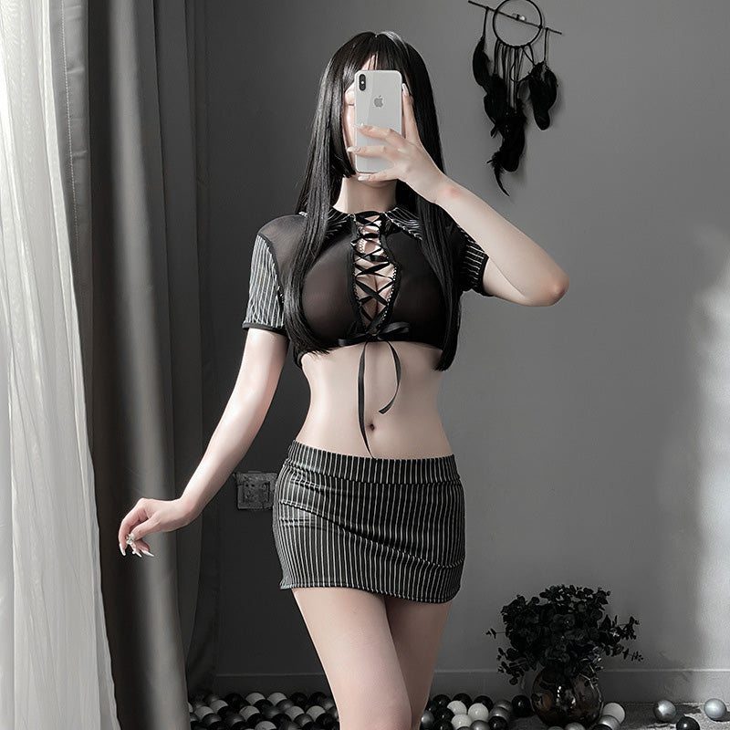 Lingerie Costume Secretary Two Pieces Stripes Strings Chest Open Back ZU6965