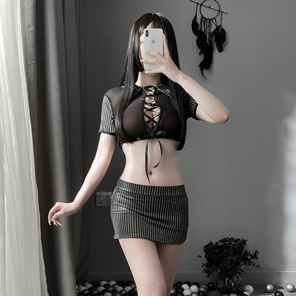 Lingerie Costume Secretary Two Pieces Stripes Strings Chest Open Back ZU6965