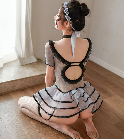 Lingerie Costume Ballerina Bodystocking Dual Tones Lace Stripes Skirt ZU7459