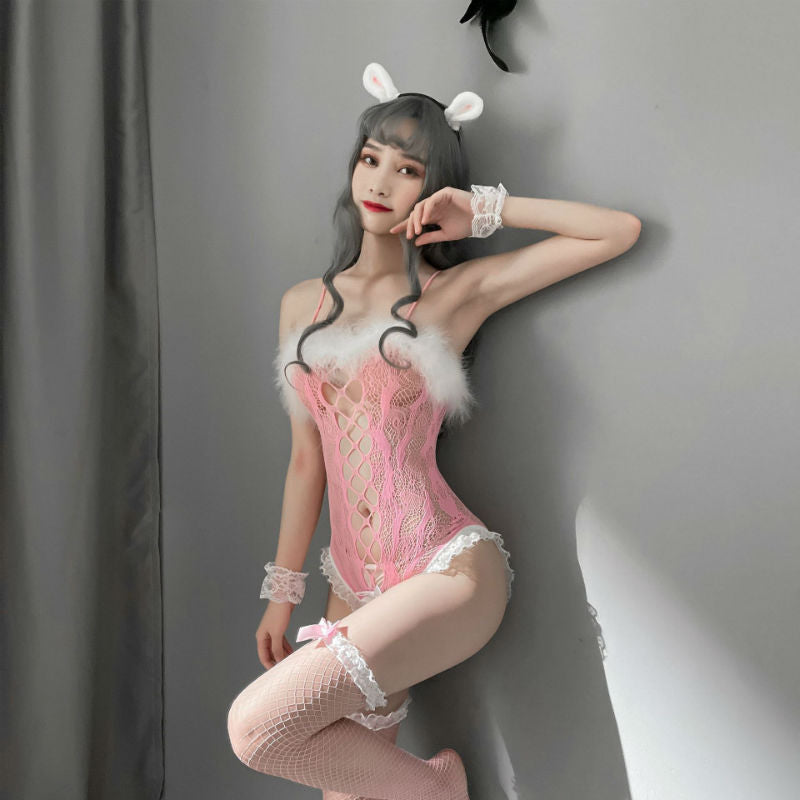 Lingerie Costume Rabbit Bodystocking Teddy Fur Top Lace Hem ZU7477