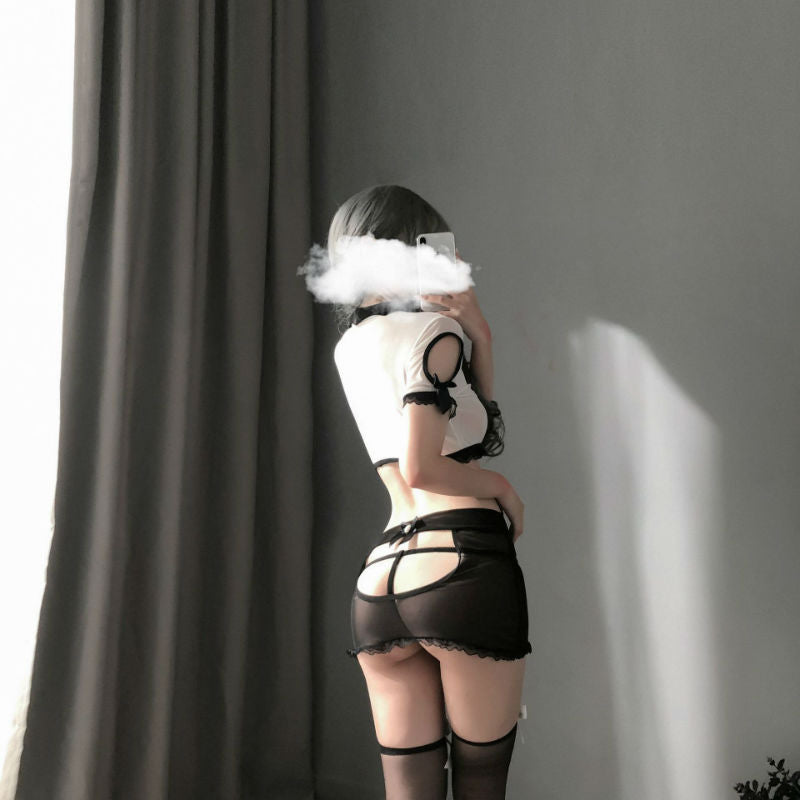 Lingerie Two Pieces Dual Tones Sleeves Strings Chest ZU9135