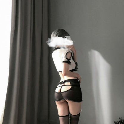 Lingerie Two Pieces Dual Tones Sleeves Strings Chest ZU9135