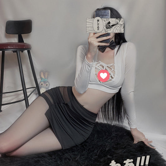 Lingerie Costume Secretary Two Pieces Long Sleeves Strings Chest Top Sides Transparent Stripes Skirt ZUB278
