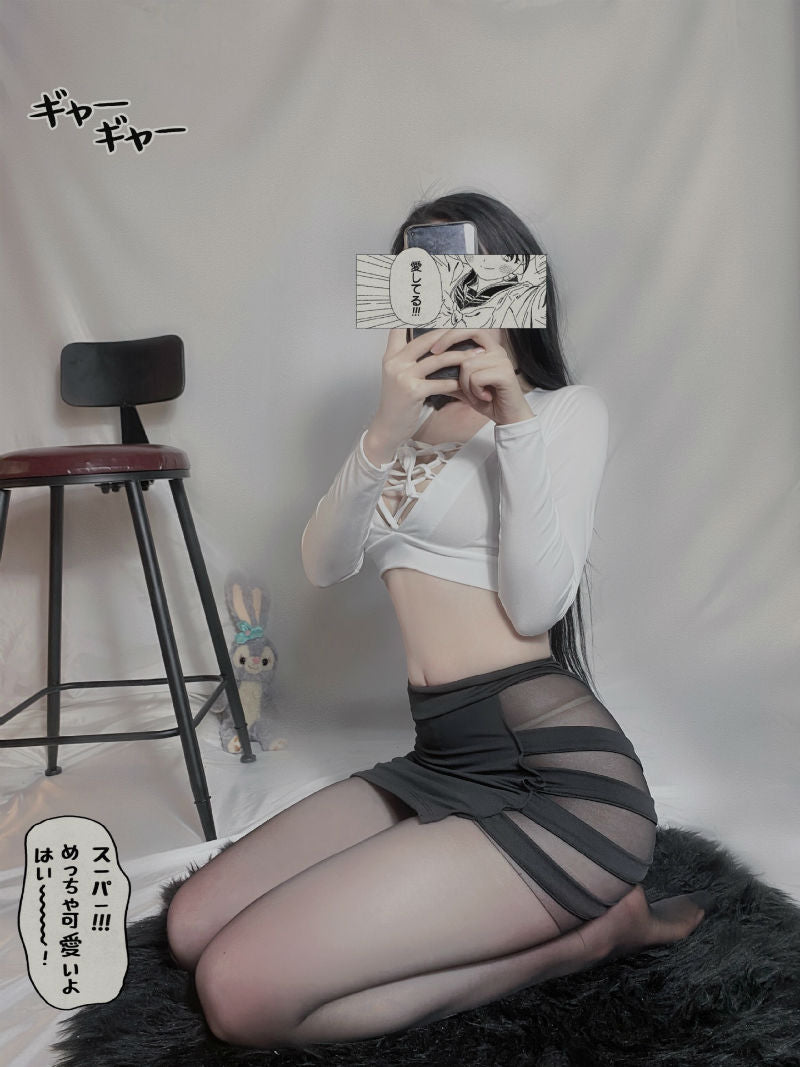 Lingerie Costume Secretary Two Pieces Long Sleeves Strings Chest Top Sides Transparent Stripes Skirt ZUB278