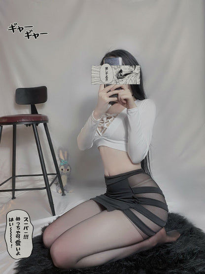 Lingerie Costume Secretary Two Pieces Long Sleeves Strings Chest Top Sides Transparent Stripes Skirt ZUB278