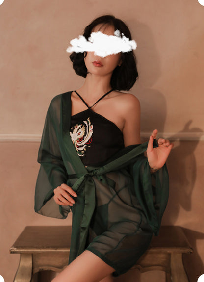 Lingerie Robe Long Sleeves and Two Pieces Embroidery Phoenix ZUP306
