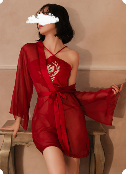 Lingerie Robe Long Sleeves and Two Pieces Embroidery Phoenix ZUP306
